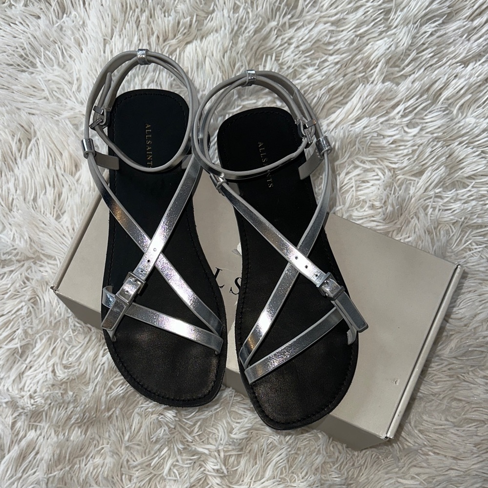 Alls Saint Metallic Silver Strappy Sandals
